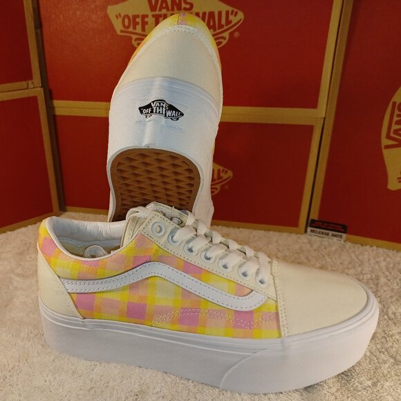 VANS Men's 6.5/Women's 8 Old Skool Stackform Platform Pastel Picnic Pink Plaid - Picture 4 of 13